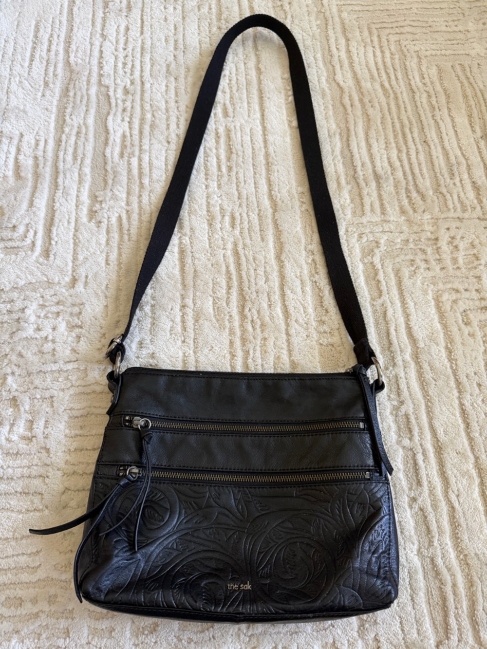The Sak Black Leather Crossbody Embossed Floral Multi Zip Boho Shoulder Bag